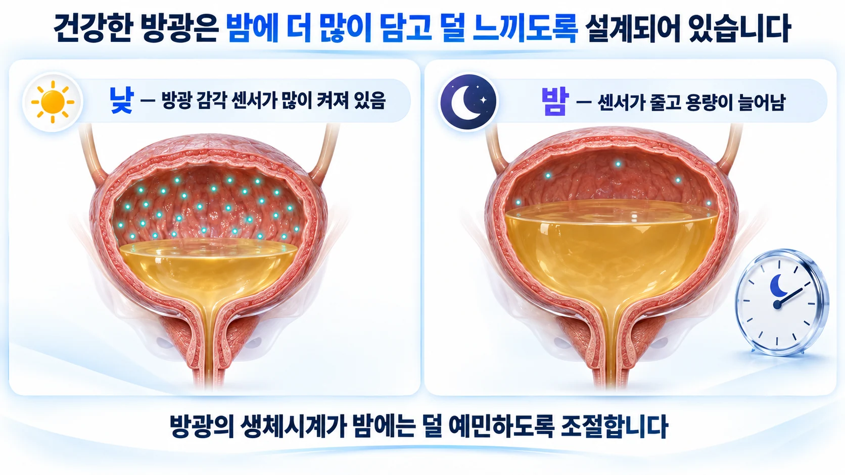 낮과 밤의 방광을 나란히 놓고 밤에는 감각 센서가 줄고 용량이 늘어나는 구조를 보여 주는 3D 그림