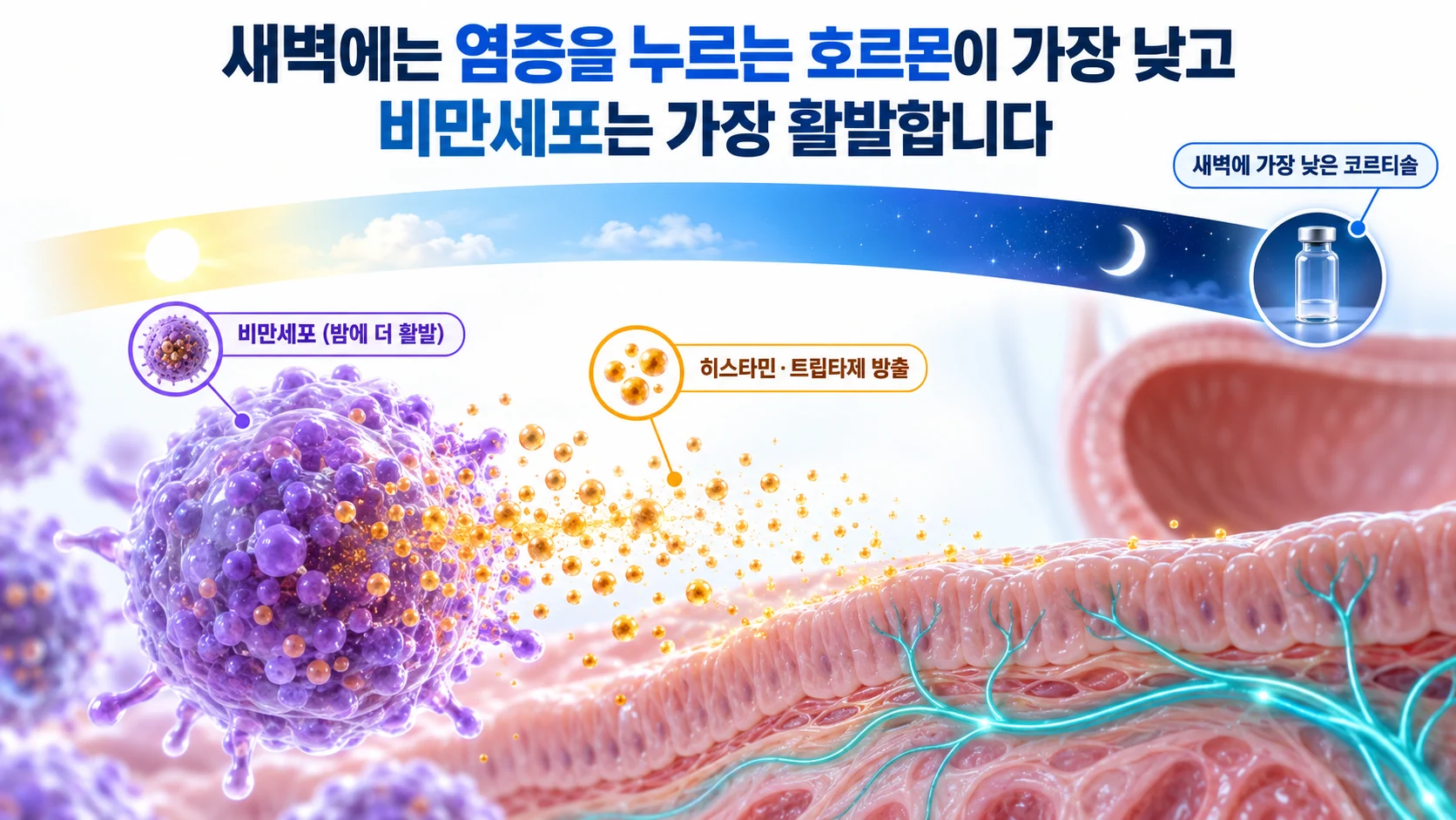 밤에 활발해진 비만세포가 방광 벽 신경 근처로 히스타민과 트립타제를 내보내고 코르티솔은 가장 낮은 시간대를 나타낸 3D 그림