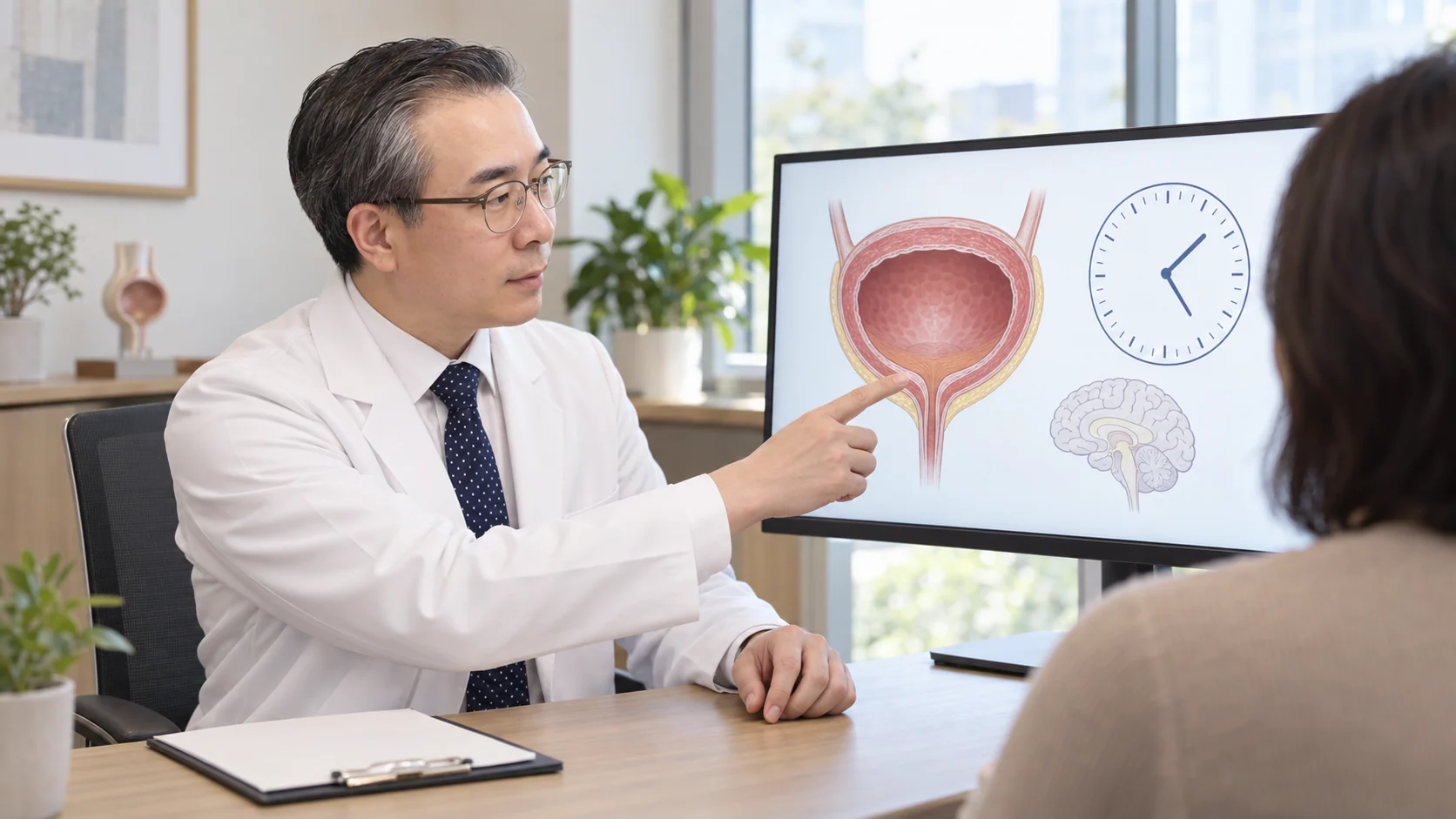 박석민 원장이 진료실 모니터에 띄운 방광 단면과 24시간 시계 그림을 가리키며 밤 통증의 원리를 설명하는 장면