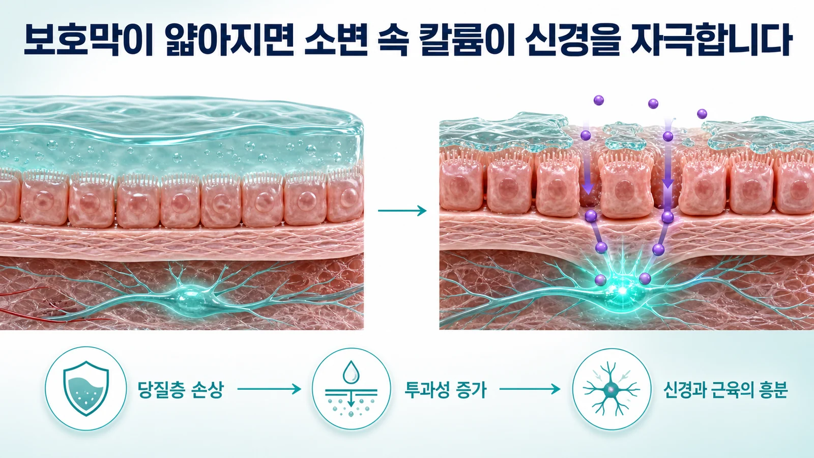 보호막이 얇아지면 소변 속 칼륨이 신경을 자극하는 과정을 나타낸 그림. 당질층 손상, 투과성 증가, 신경과 근육의 흥분 순서로 배치되어 있다