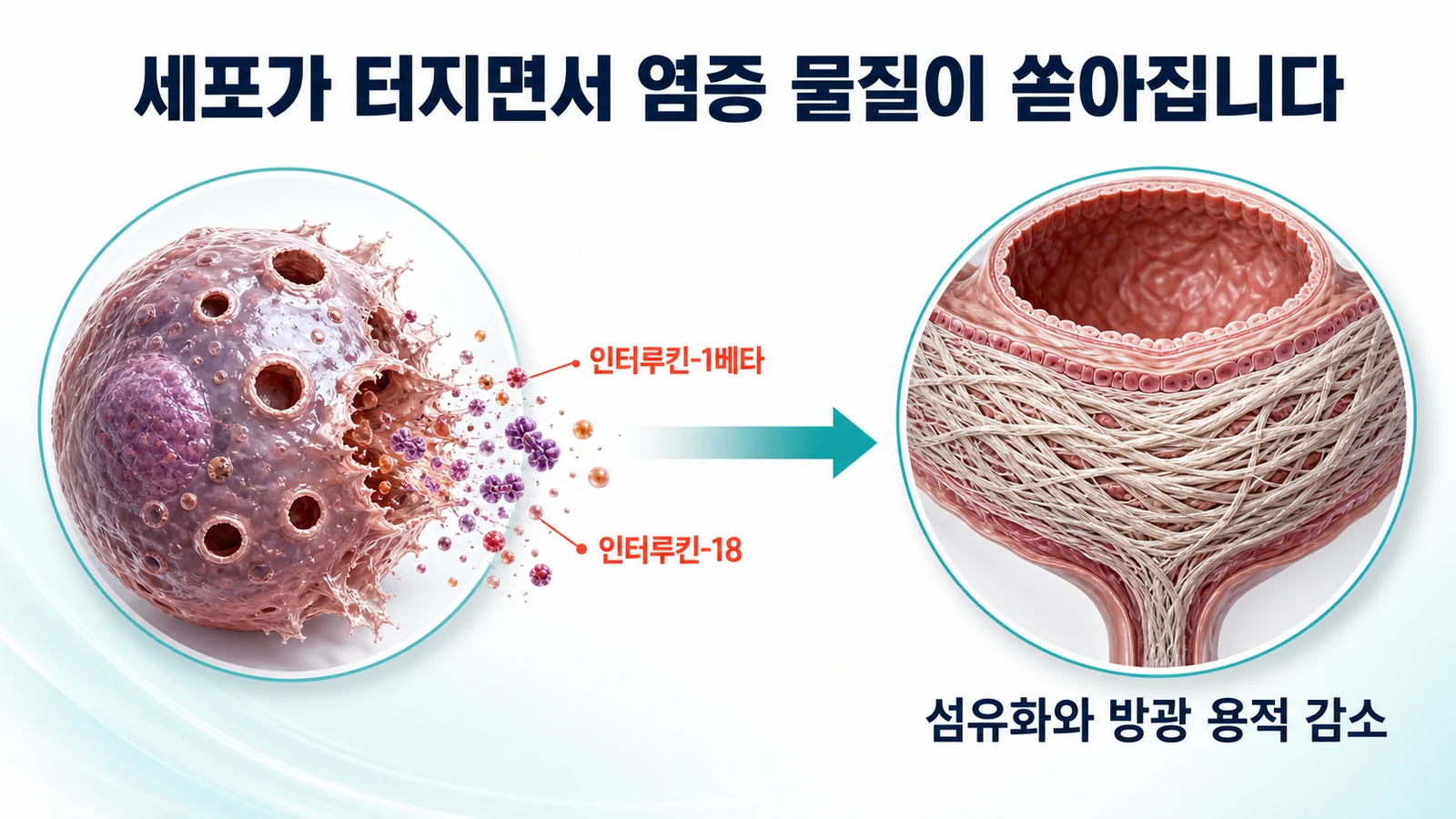 세포가 터지면서 염증 물질이 쏟아지는 과정을 나타낸 그림. 세포막에 생긴 구멍으로 인터루킨-1베타와 인터루킨-18이 방출되고 섬유화와 방광 용적 감소로 이어지는 흐름이 표시되어 있다