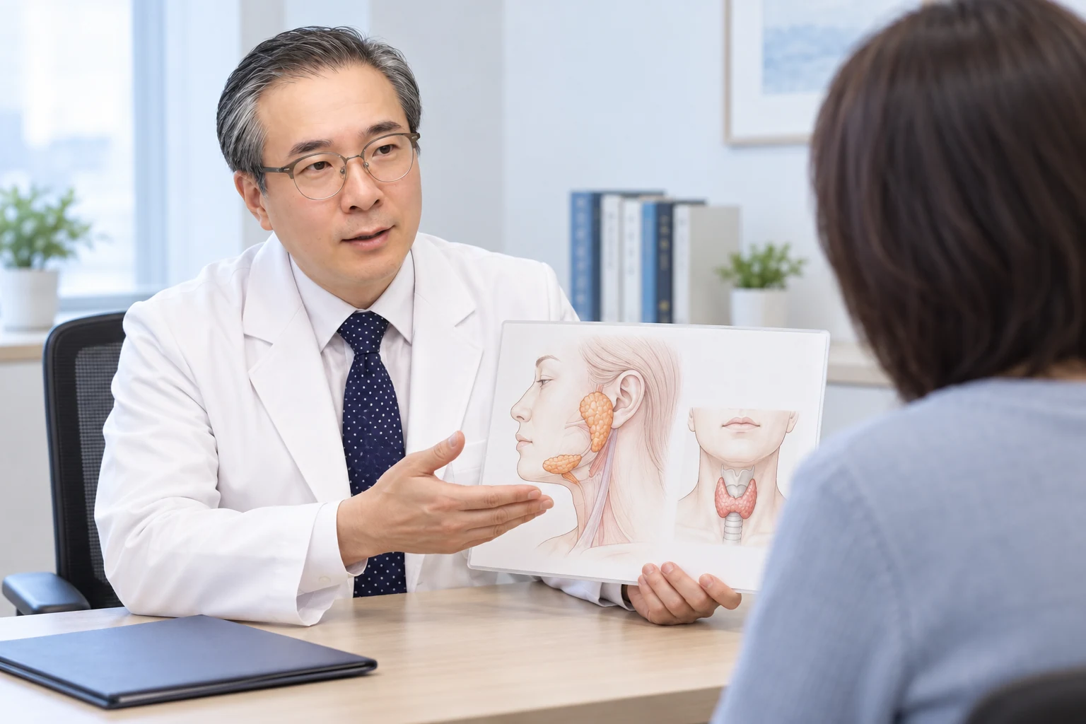 박석민 원장이 환자에게 침샘과 갑상선 그림으로 방사성요오드 치료 후 입마름을 설명하는 AI 제작 장면
