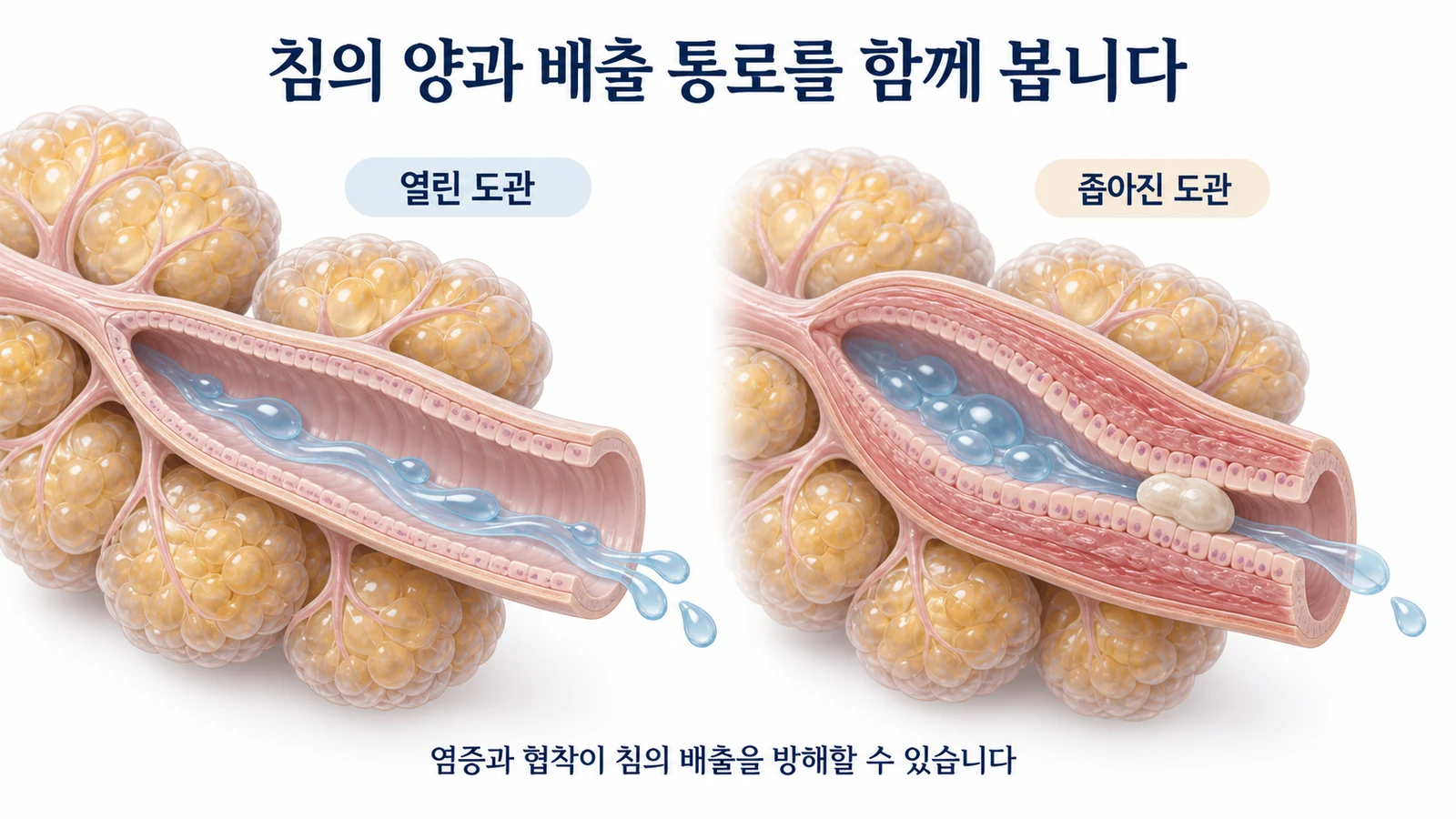 침샘 도관의 열린 통로와 염증으로 좁아진 통로를 비교한 의학 모식도