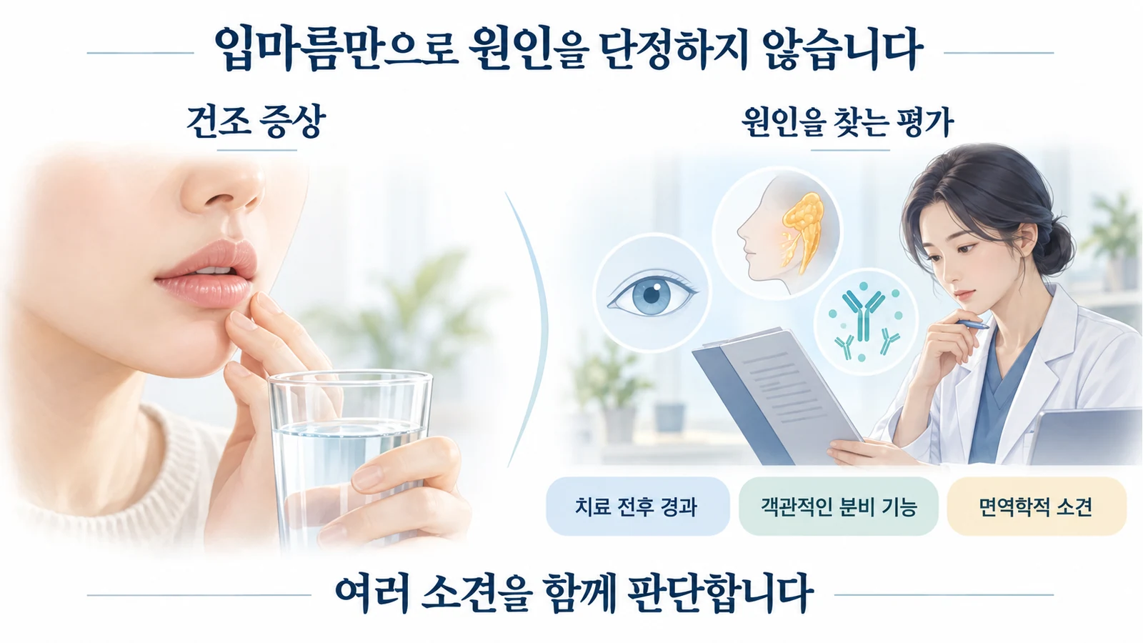 입마름이라는 증상과 자가면역성 질환의 평가가 서로 다른 단계임을 보여주는 설명 그림