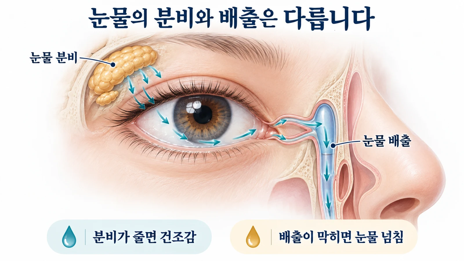 눈물의 분비 감소와 배출 장애를 구분해 살펴야 함을 설명하는 안구 주변 모식도