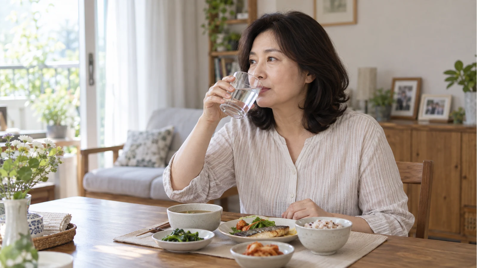 식사 중 물을 조금씩 마시는 가상의 인물을 표현한 생활 장면 이미지