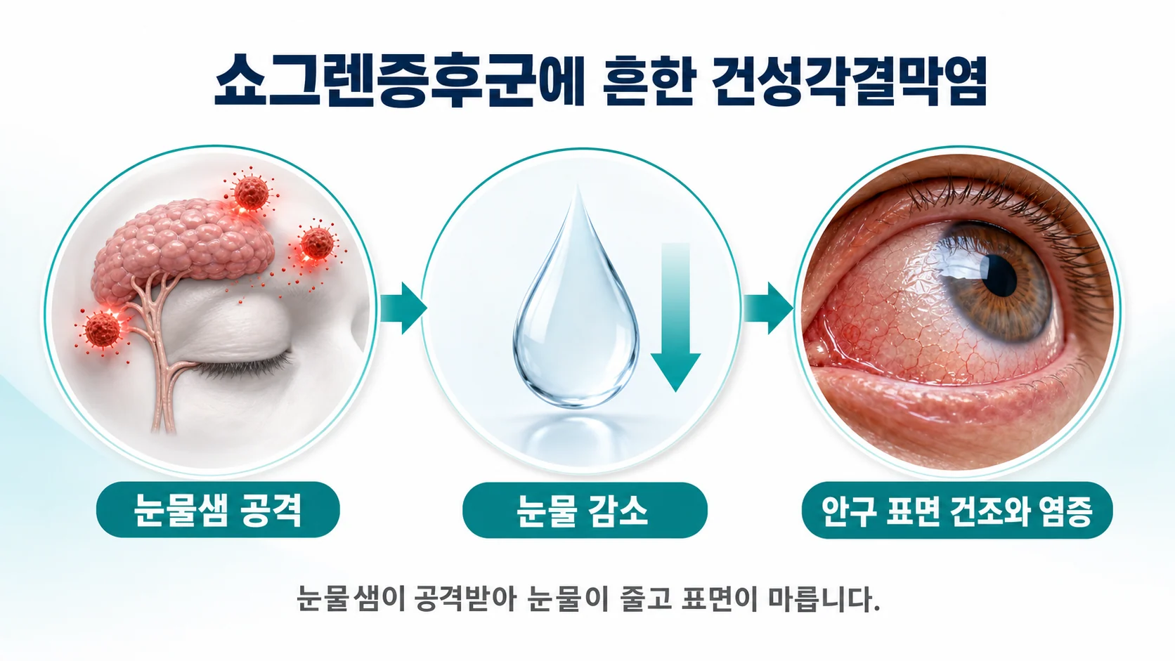 쇼그렌증후군에서 눈물샘이 공격받아 눈물이 줄고 안구 표면이 마르는 건성각결막염이 생기는 과정 이미지