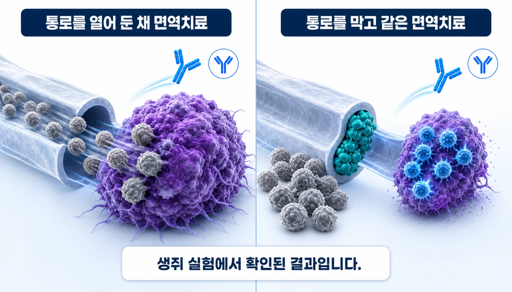 이 세포가 종양으로 들어오는 통로를 막았을 때 면역치료 효과가 달라진 실험을 그린 그림