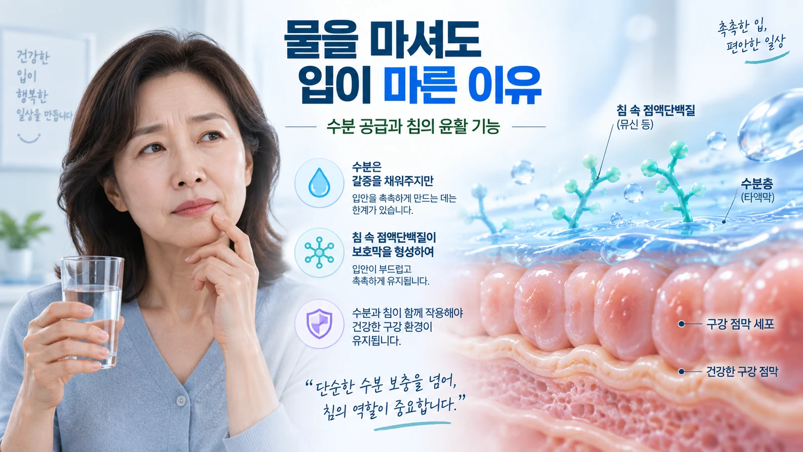 물을 든 여성과 구강 점막의 침막을 함께 보여 주며 수분 공급과 침의 윤활 기능을 설명하는 그림