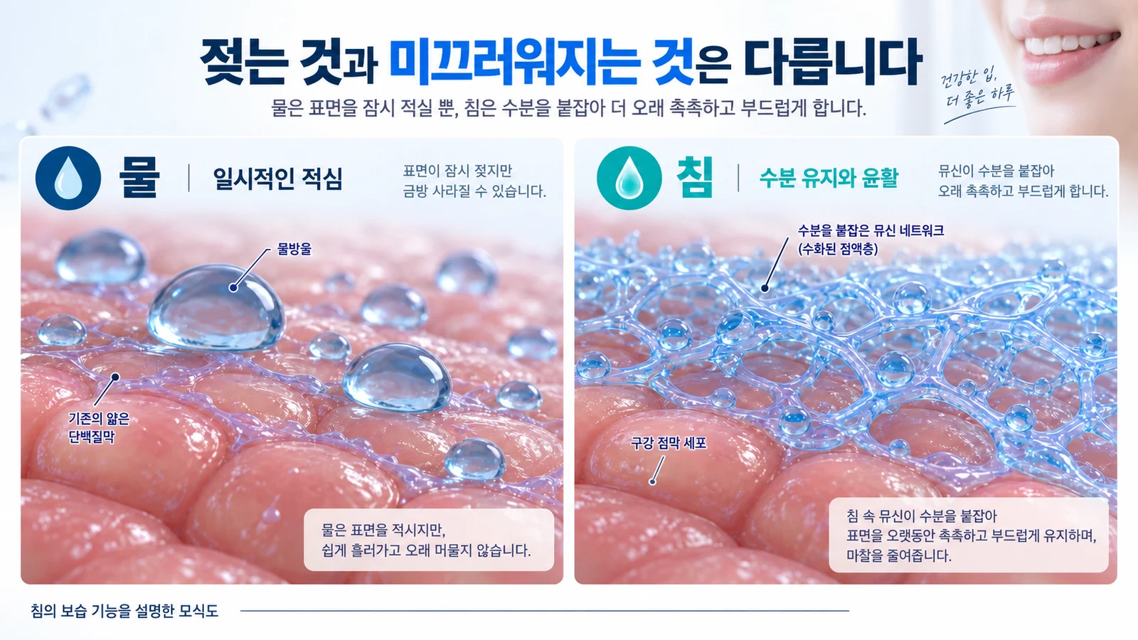 물의 일시적인 적심과 침의 수분 유지 및 윤활 기능을 비교한 구강 점막 모식도