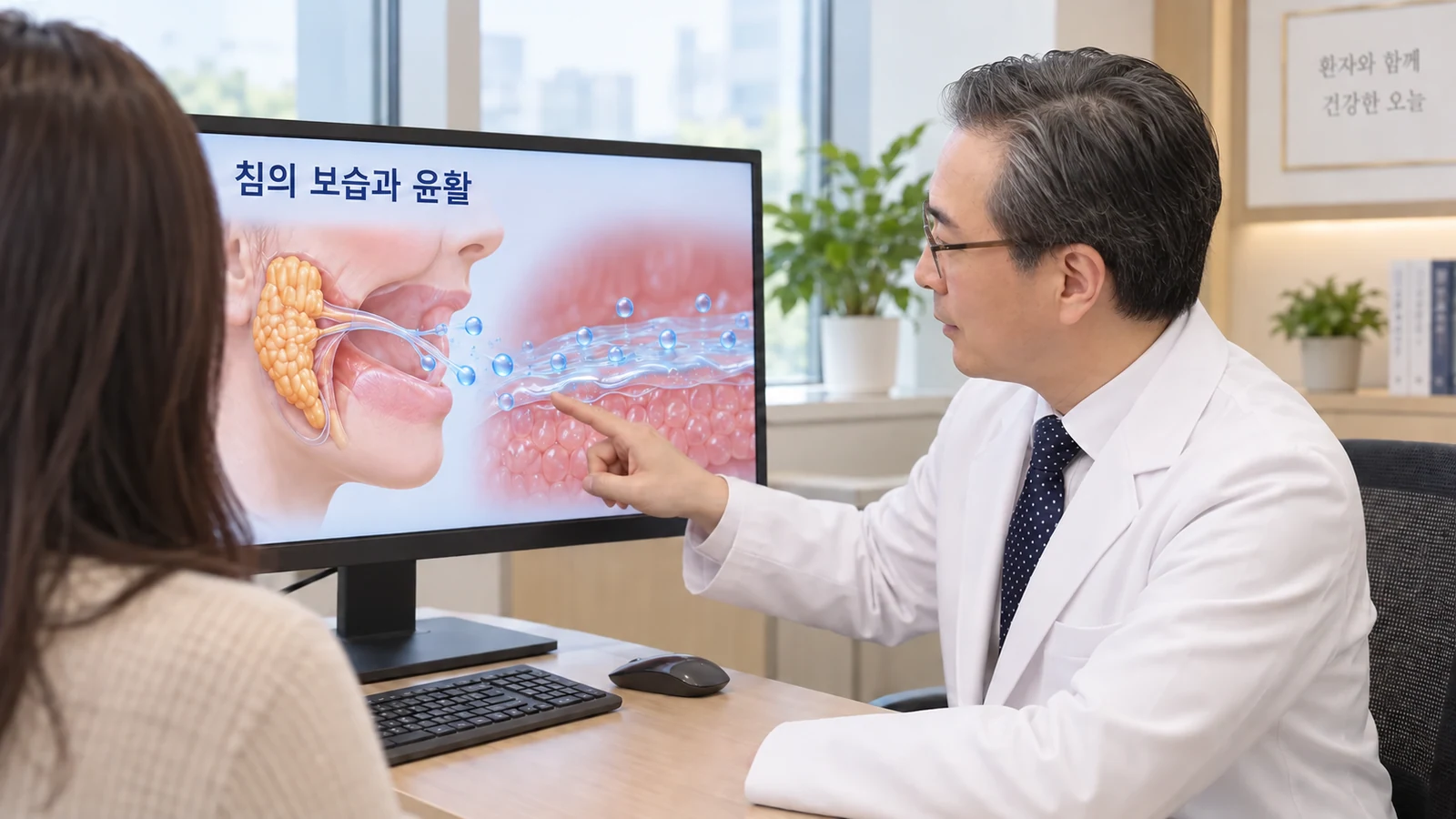 박석민 원장이 진료실의 32인치 모니터에 띄운 침샘과 점막 보습 모식도를 보며 환자에게 설명하는 장면