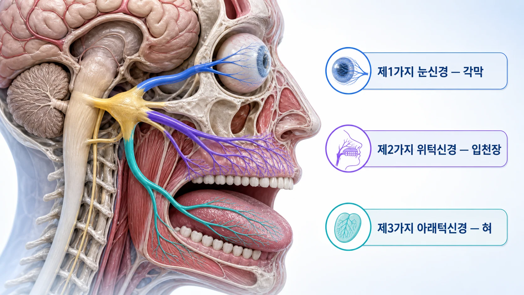 삼차신경이 세 갈래로 갈라져 각막과 혀를 각각 담당하는 구조를 그린 그림