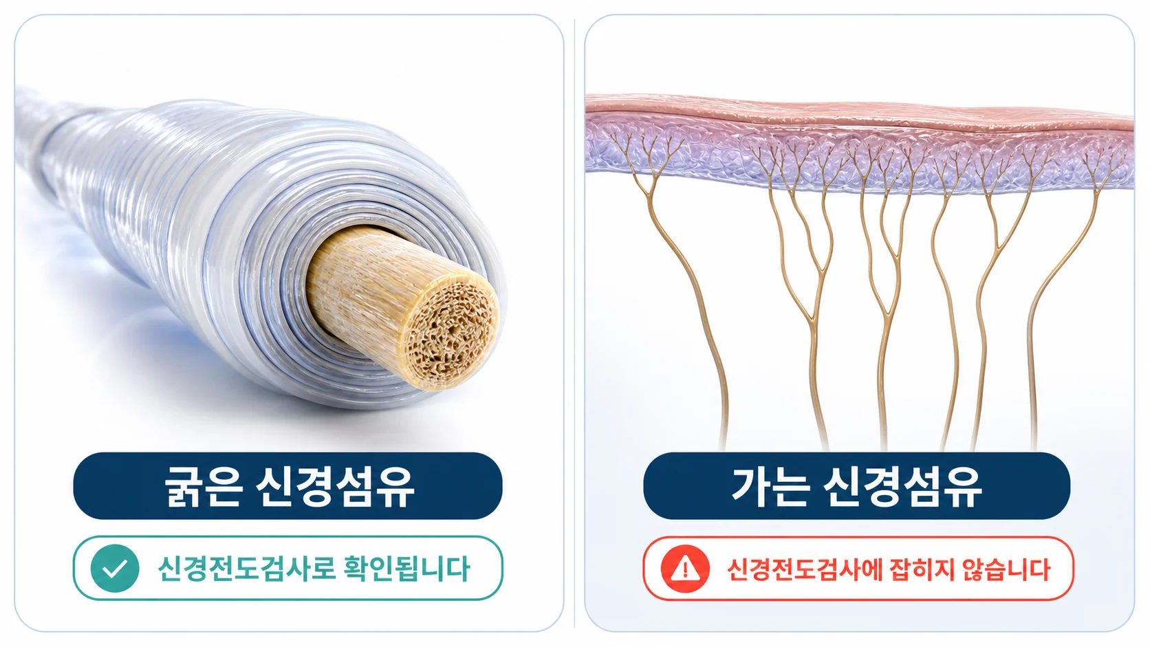 굵은 신경섬유와 가는 신경섬유를 나란히 비교해 일반 신경검사로는 가는 섬유를 확인할 수 없다는 점을 보여주는 그림