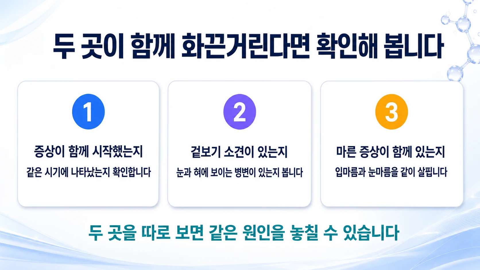 눈과 입에 화끈거림이 함께 있을 때 확인해 볼 세 가지를 정리한 그림