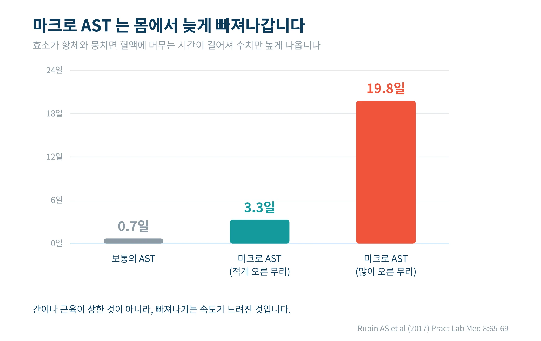보통의 AST와 마크로 AST의 혈중 반감기를 비교한 막대그래프. 0.7일 대 3.3일 대 19.8일