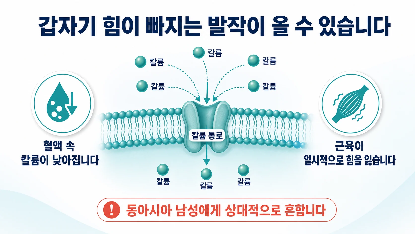 근육 세포막의 칼륨 통로를 통해 칼륨이 세포 안으로 이동하면서 혈액 속 칼륨이 낮아지는 과정을 보여주는 도식