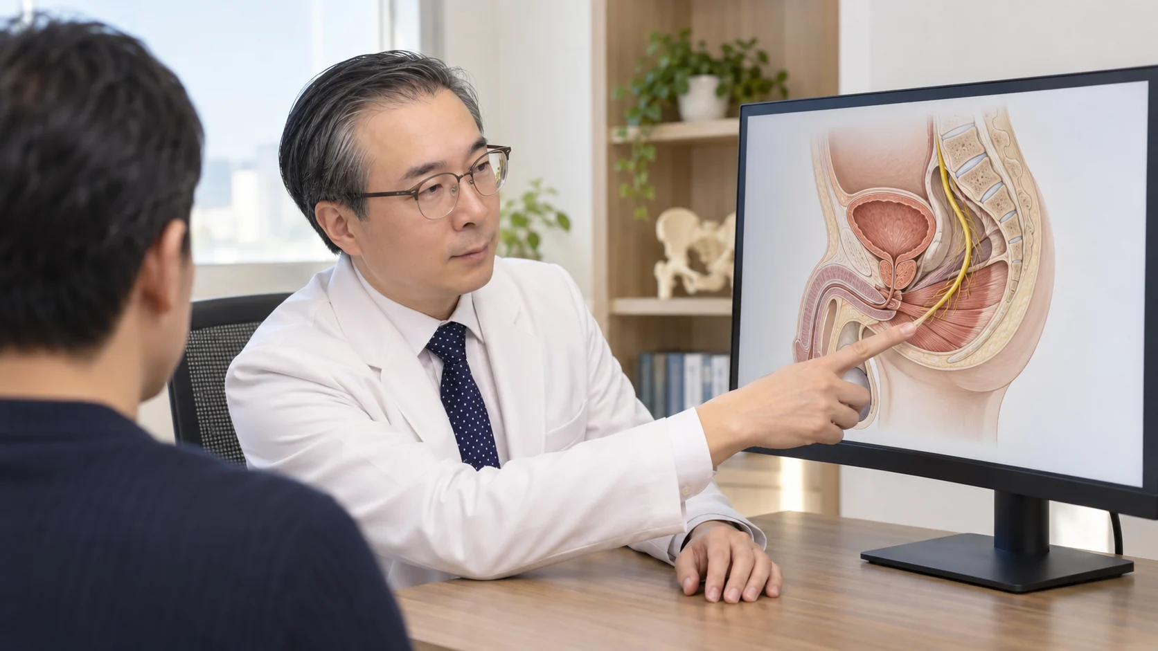 박석민 원장이 진료실 모니터에 띄운 남성 골반 단면과 음부신경 경로 그림을 가리키며 통증 위치를 설명하는 장면