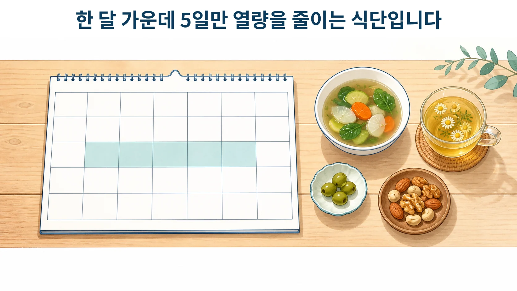 한 달 달력에서 5일만 표시되어 있고 그 옆에 채소 수프와 올리브, 견과, 캐모마일차가 놓인 식탁 장면