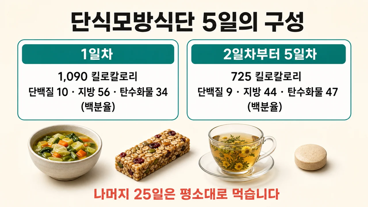 단식모방식단 5일의 열량과 영양 구성을 1일차와 2일차부터 5일차로 나누어 보여주는 안내 그림