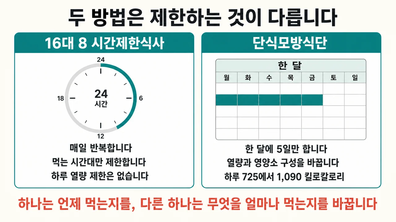 16대 8 시간제한식사와 단식모방식단이 무엇을 제한하는지, 주기와 하루 열량이 어떻게 다른지 두 칸으로 나누어 비교한 그림