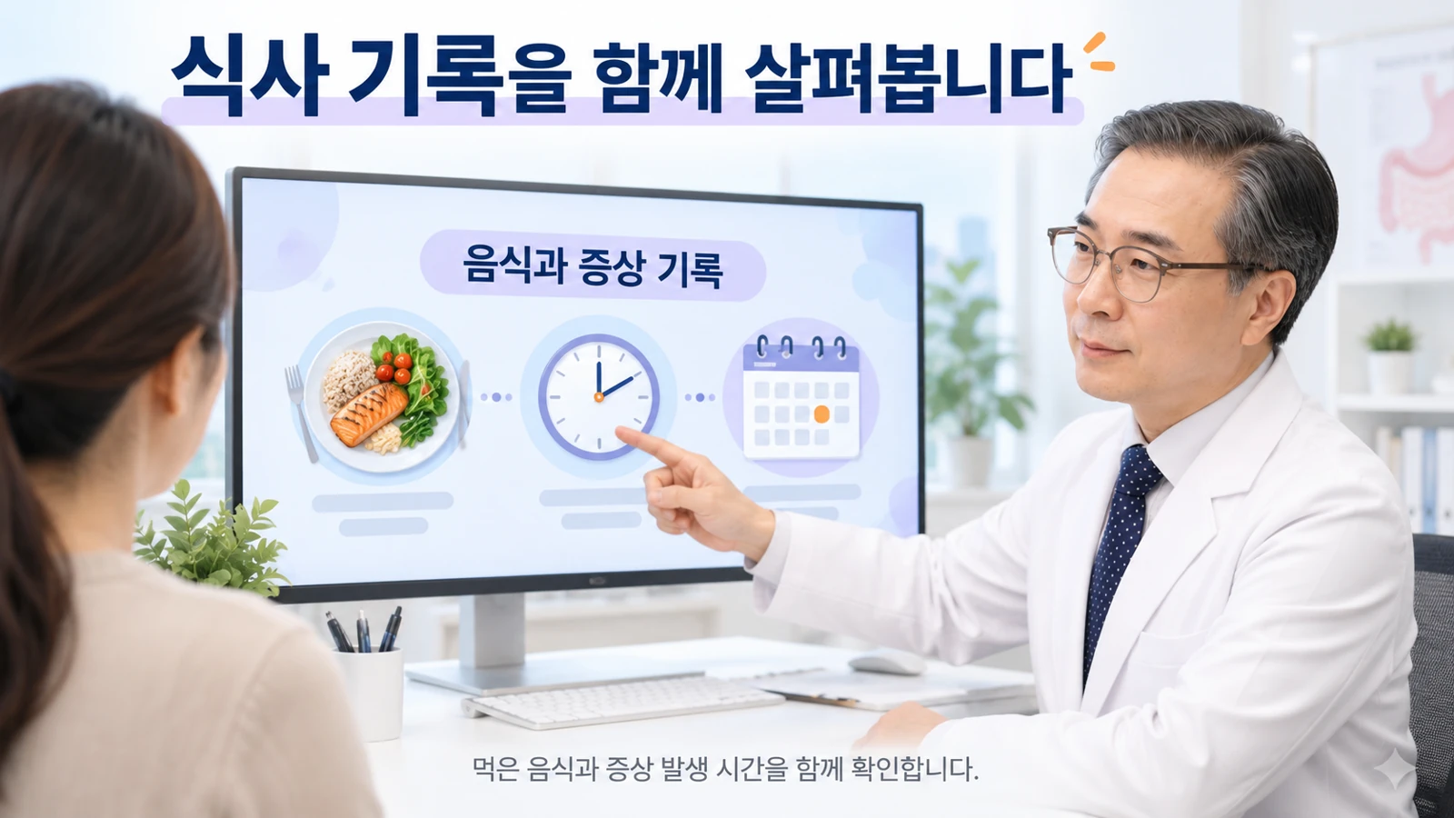 박석민 원장이 모니터의 음식과 증상 기록 그림을 보며 환자에게 설명하는 장면
