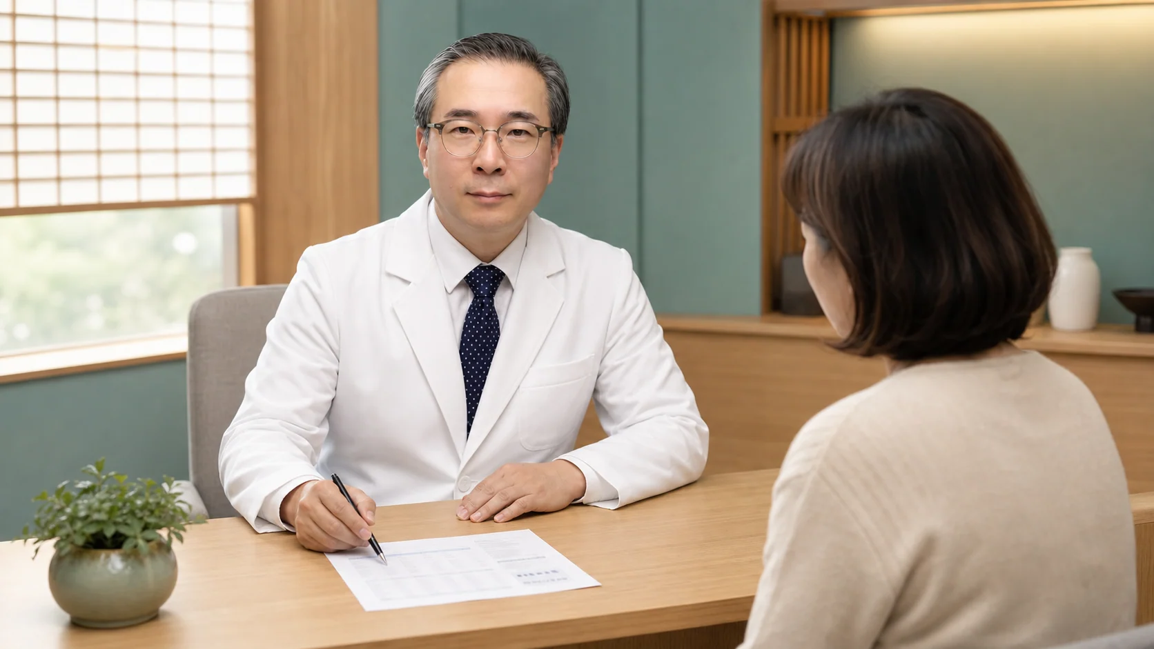 인천 송도 이레한의원 진료실에서 박석민 원장이 검사 결과지를 함께 살펴보는 장면