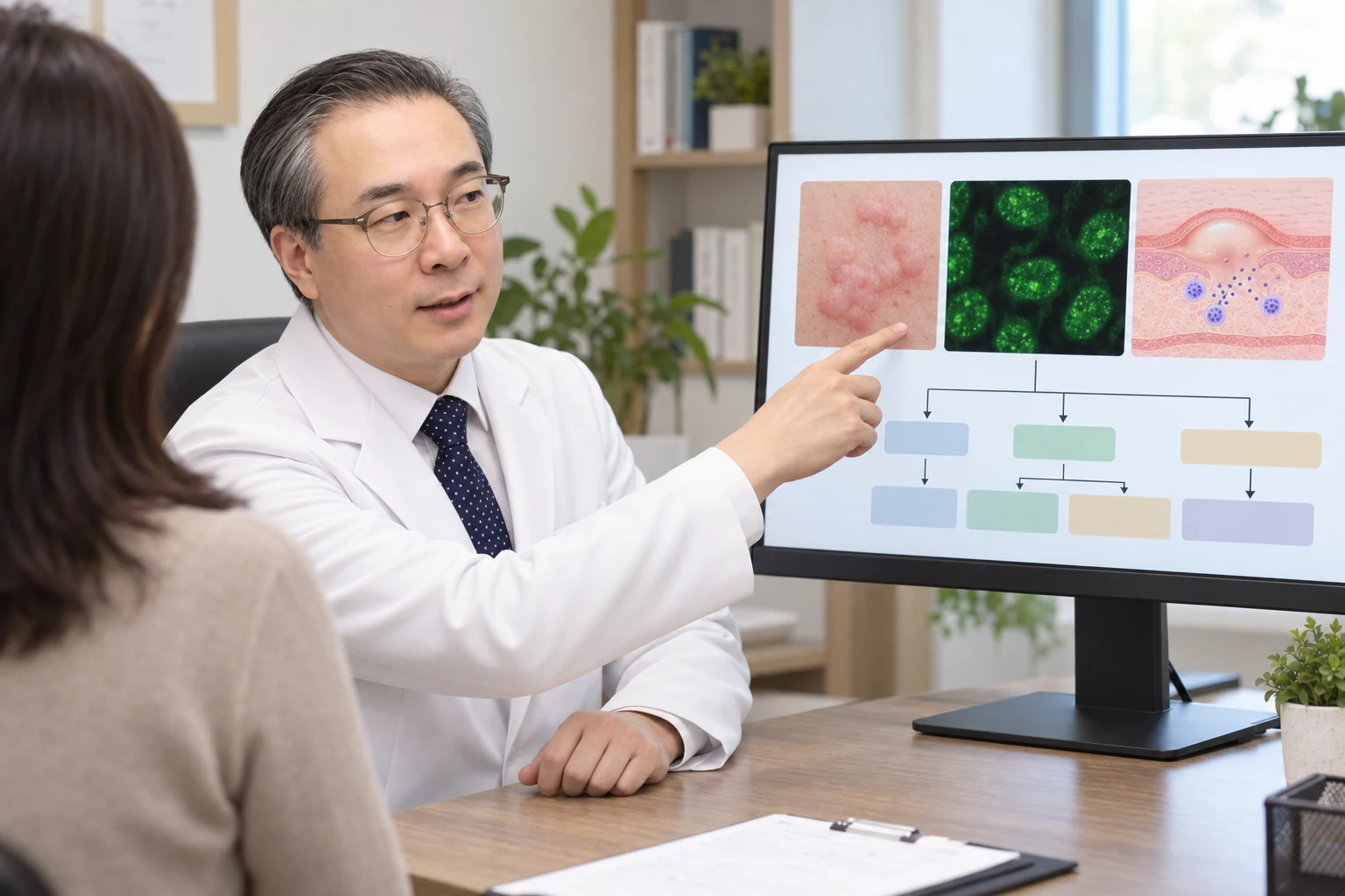 박석민 원장이 32인치 교육용 모니터의 두드러기와 ANA 평가 그림을 보며 환자에게 설명하는 장면