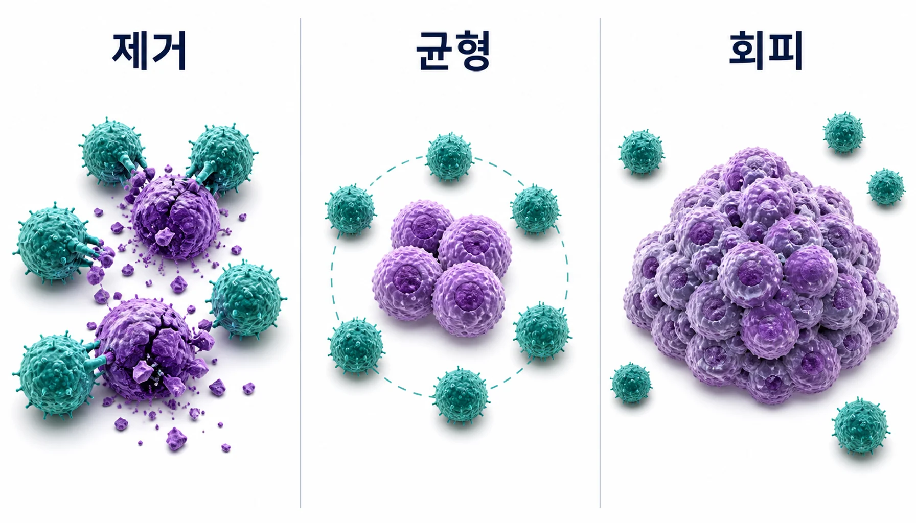 면역편집의 제거·균형·회피 세 단계를 그린 그림