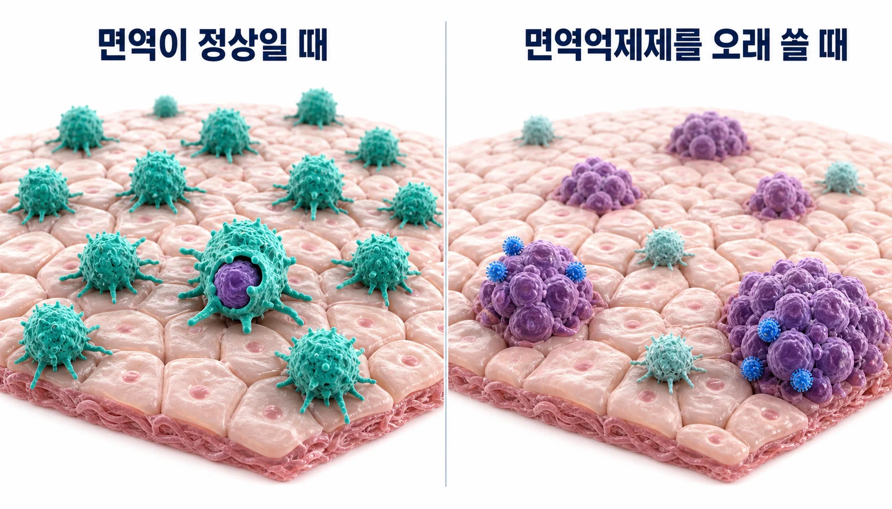 면역이 억눌린 상태에서 암 발생이 늘어나는 양상을 정리한 그림