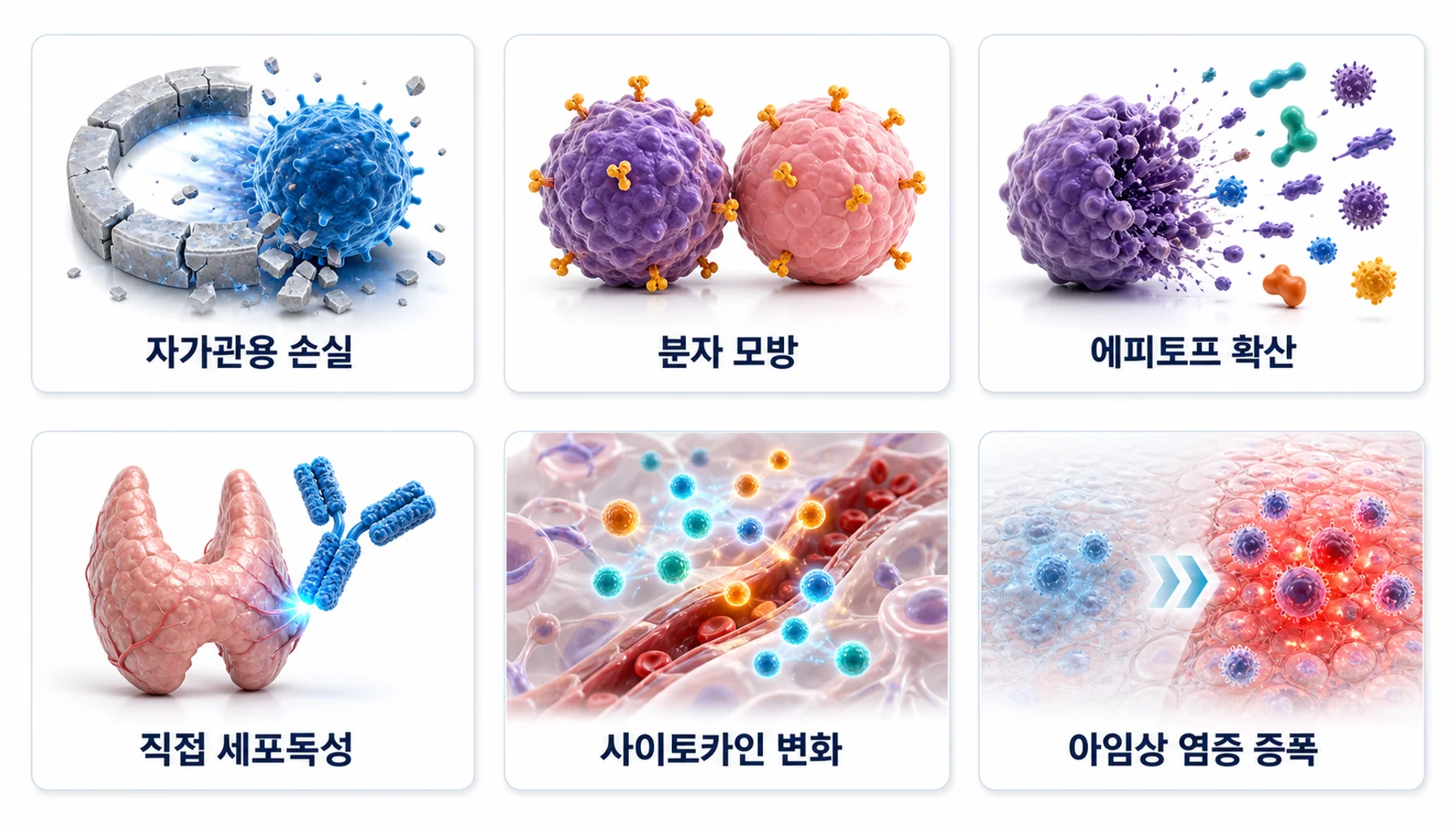 면역관련 이상반응이 생기는 여섯 갈래 기전을 정리한 그림