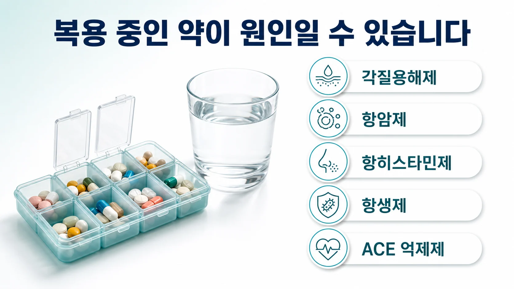 복용 약물이 미각 변화를 일으킬 수 있음을 보여 주는 약 봉투와 물컵 그림