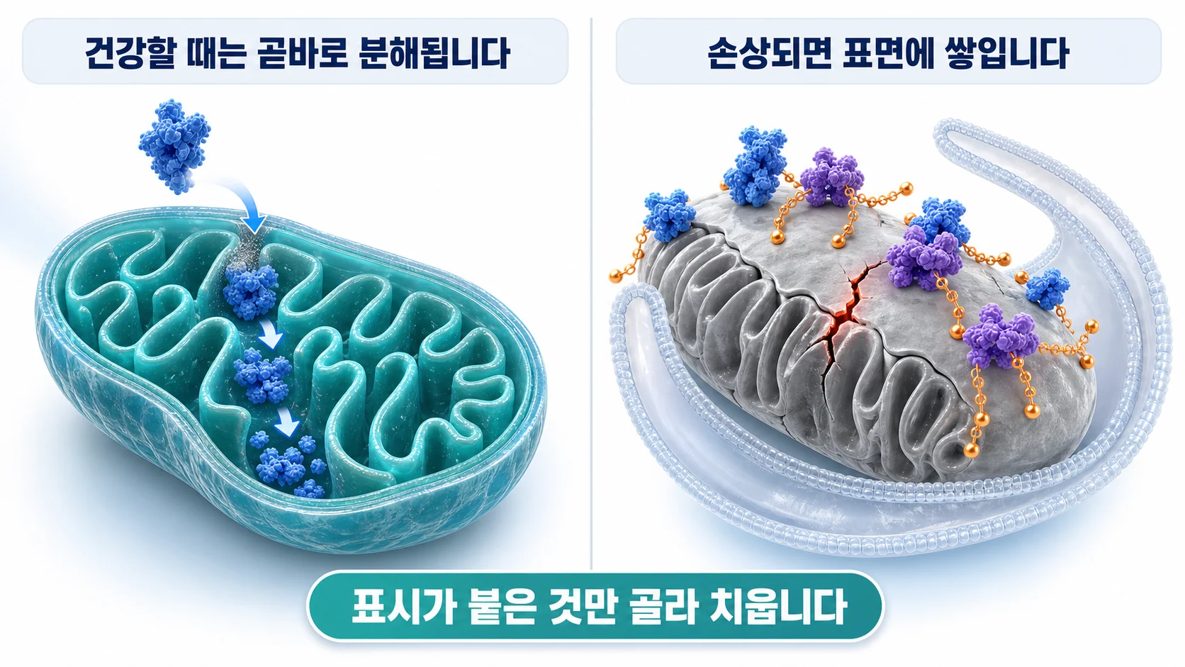 PINK1이 손상된 미토콘드리아 표면에 쌓이고 파킨이 표시를 붙여 분해로 보내는 과정을 그린 그림