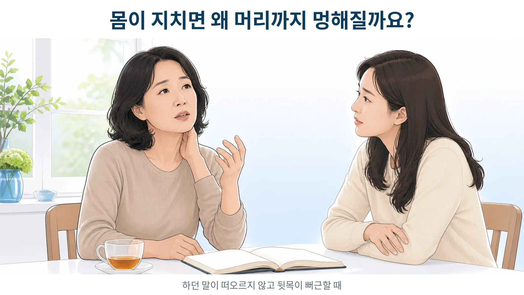 식탁에서 하려던 말이 떠오르지 않아 잠시 멈춘 중년 여성과 곁에서 기다려 주는 가족을 그린 그림