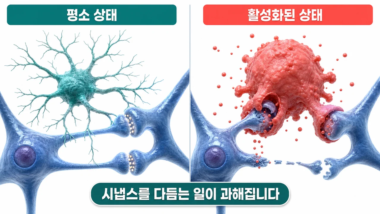 미세아교세포가 평소 상태에서 활성화 상태로 바뀌는 과정을 그린 그림