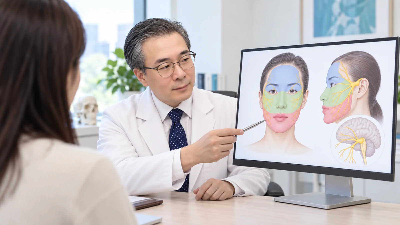 박석민 원장이 진료실의 32인치 모니터에 띄운 얼굴 감각 신경 모식도를 바라보며 가상의 성인 환자에게 설명하는 장면