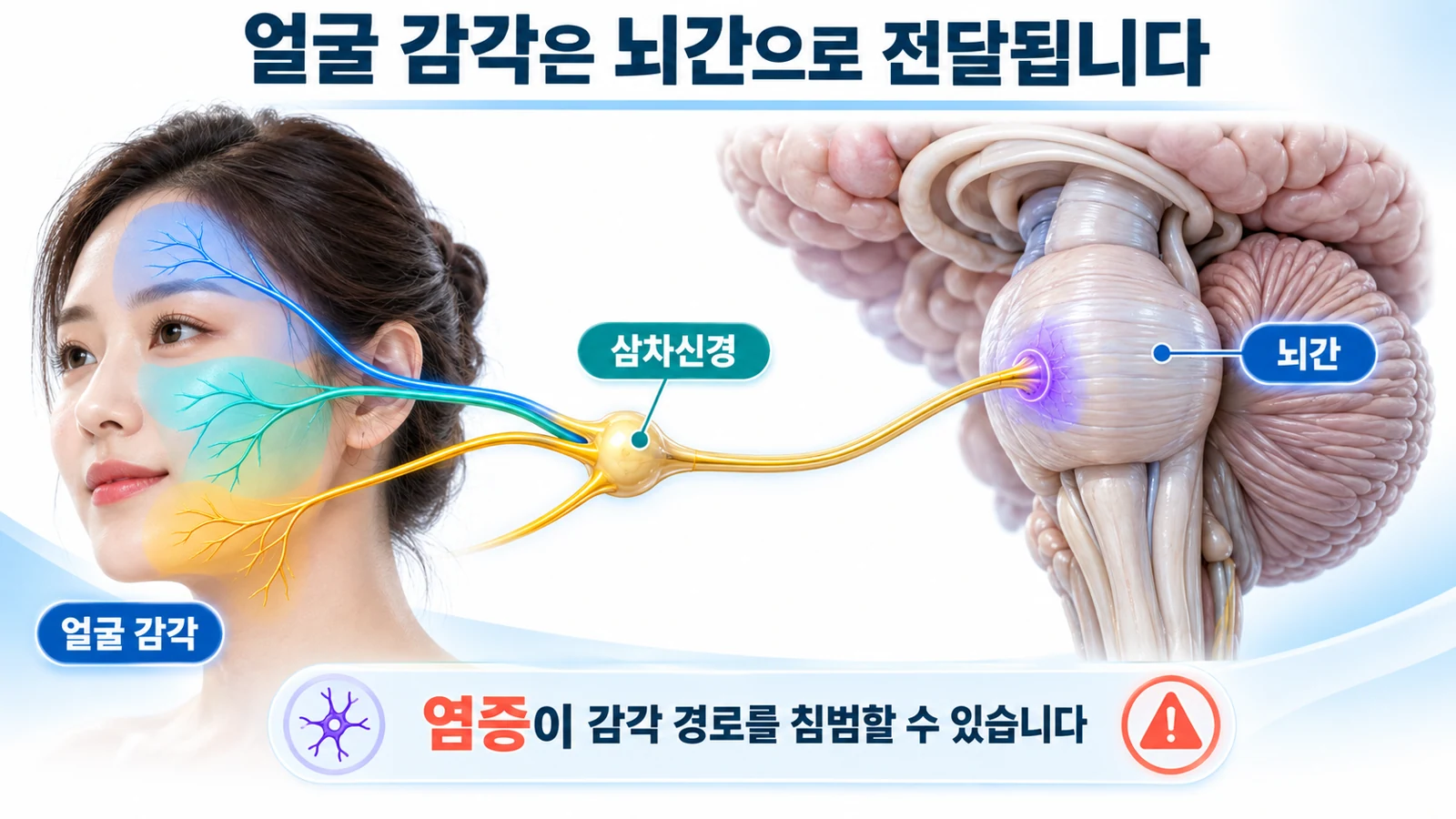 얼굴 감각을 전달하는 삼차신경이 뇌간의 교뇌로 연결되는 경로와 염증 가능 부위를 표시한 모식도