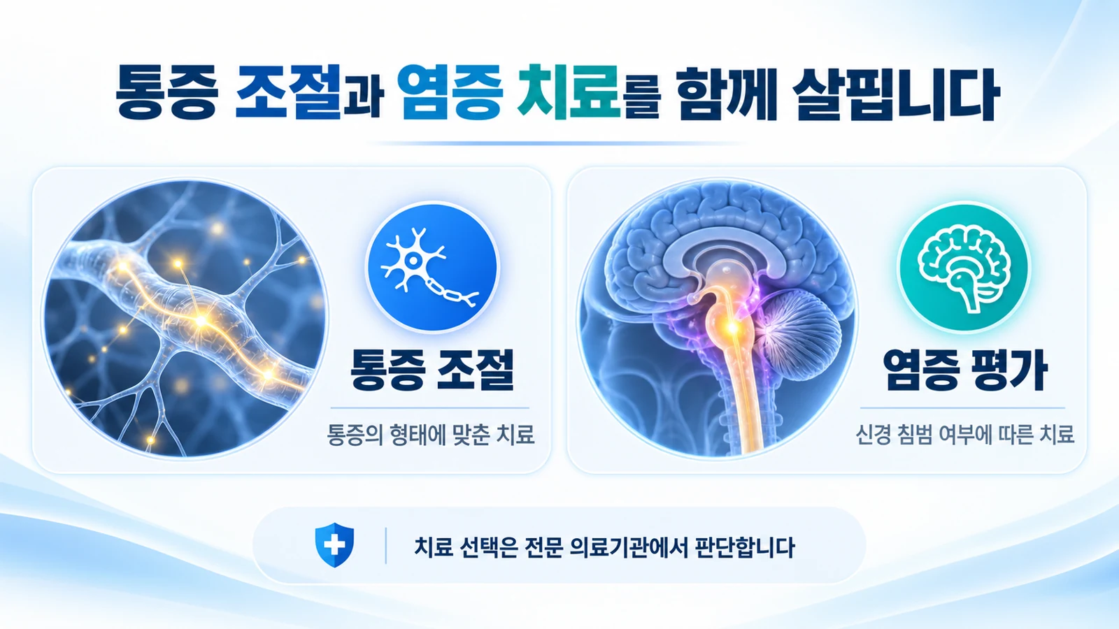 통증의 형태에 따른 통증 조절과 실제 신경계 염증에 대한 치료 평가를 구분해 설명하는 그림