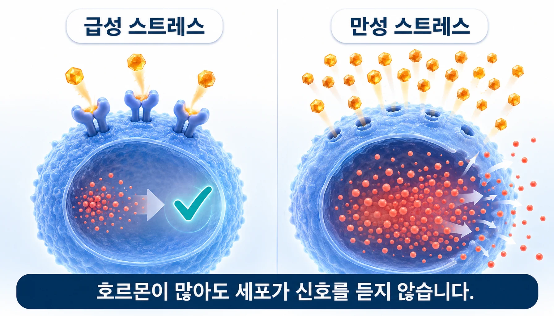 급성 스트레스와 만성 스트레스에서 코르티솔의 작용이 갈리는 과정을 그린 그림