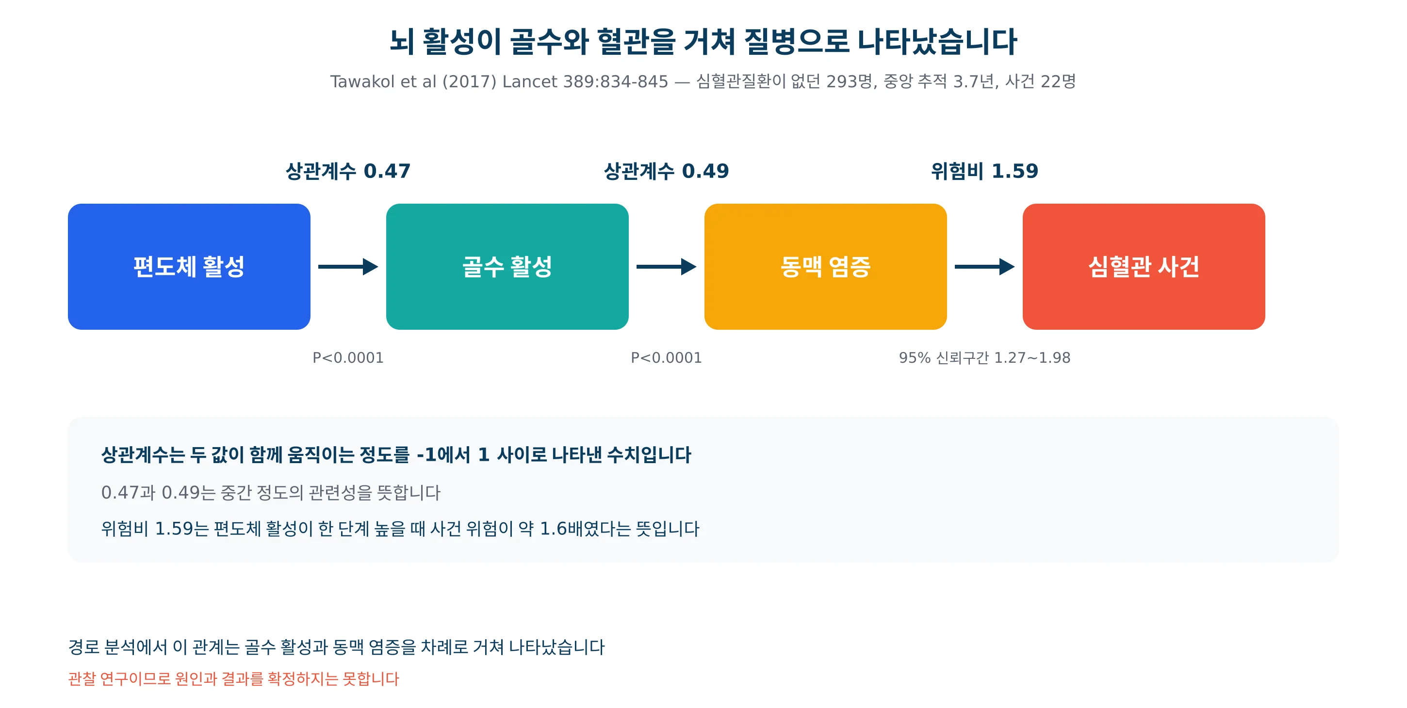 편도체 활성이 골수와 동맥 염증을 거쳐 심혈관 사건으로 이어진 경로와 수치를 그린 그래프