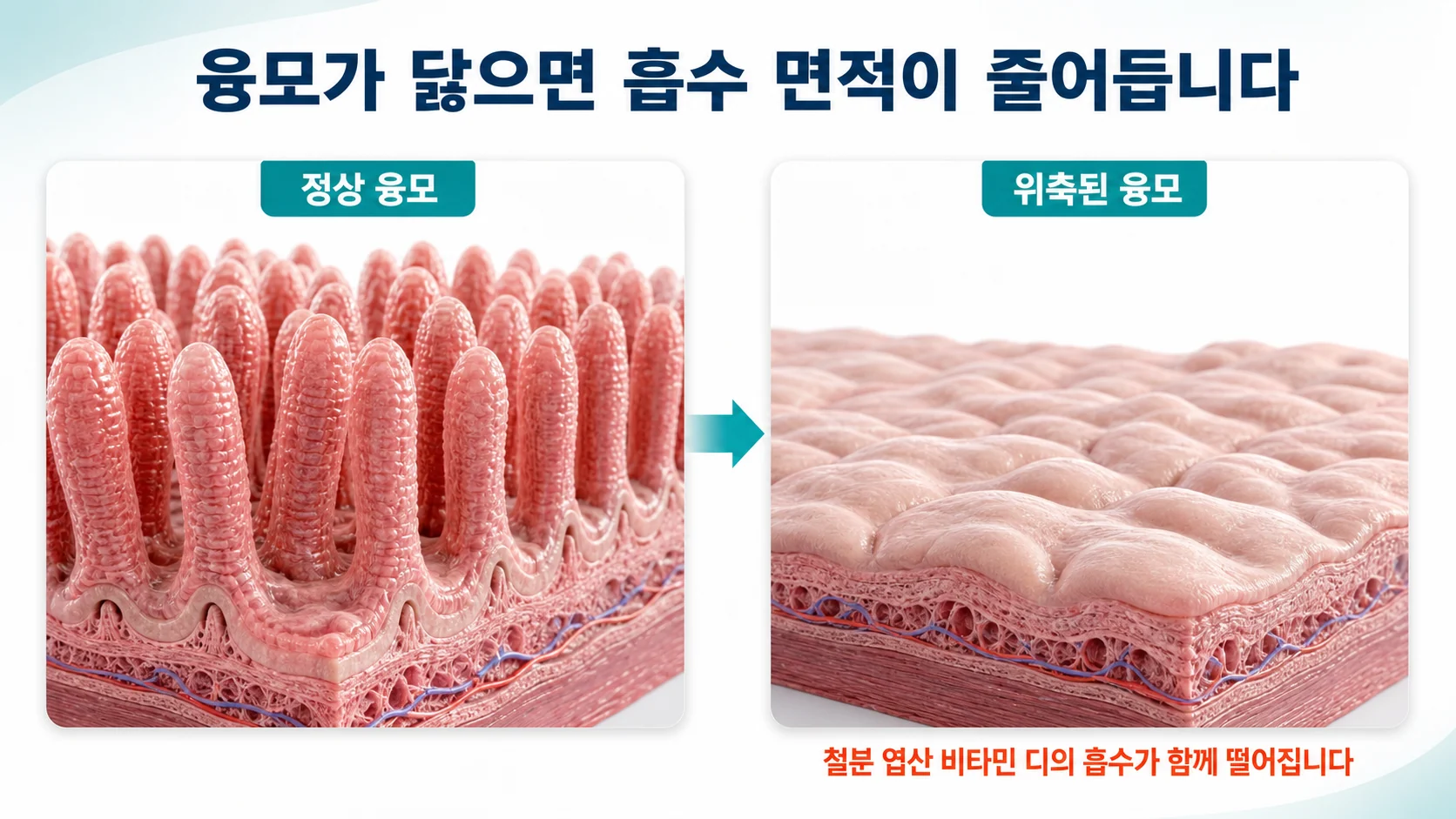 정상 융모와 위축된 융모를 나란히 비교한 3차원 그림. 왼쪽은 손가락 모양 융모가 빽빽하고 오른쪽은 표면이 평평하다