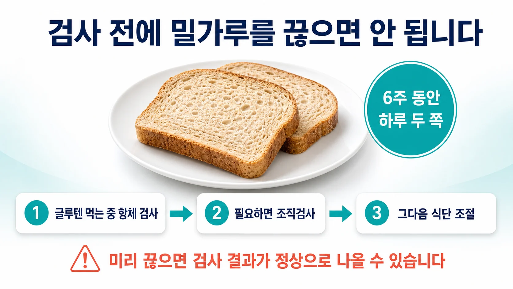 검사 전에 밀가루를 끊으면 안 된다는 안내 이미지. 접시에 놓인 식빵 두 쪽과 6주 동안 하루 두 쪽이라는 배지, 항체 검사에서 조직검사를 거쳐 식단 조절로 이어지는 3단계 화살표