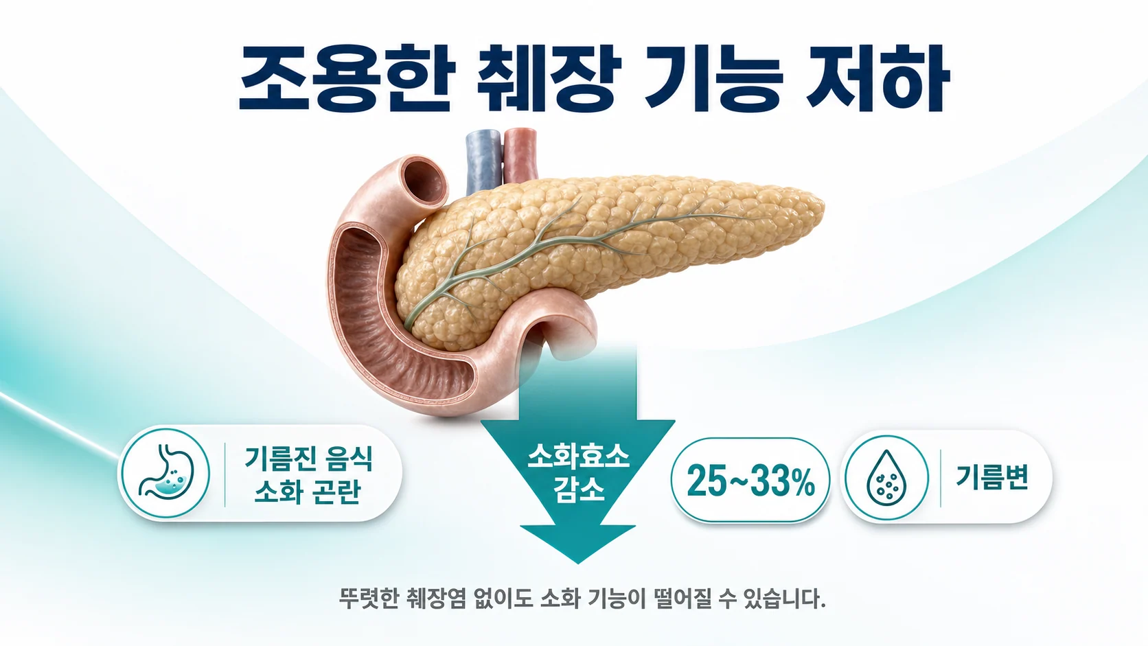 쇼그렌증후군에서 뚜렷한 췌장염 없이도 소화효소 분비 기능이 약 25에서 33퍼센트에서 떨어질 수 있음을 설명하는 이미지