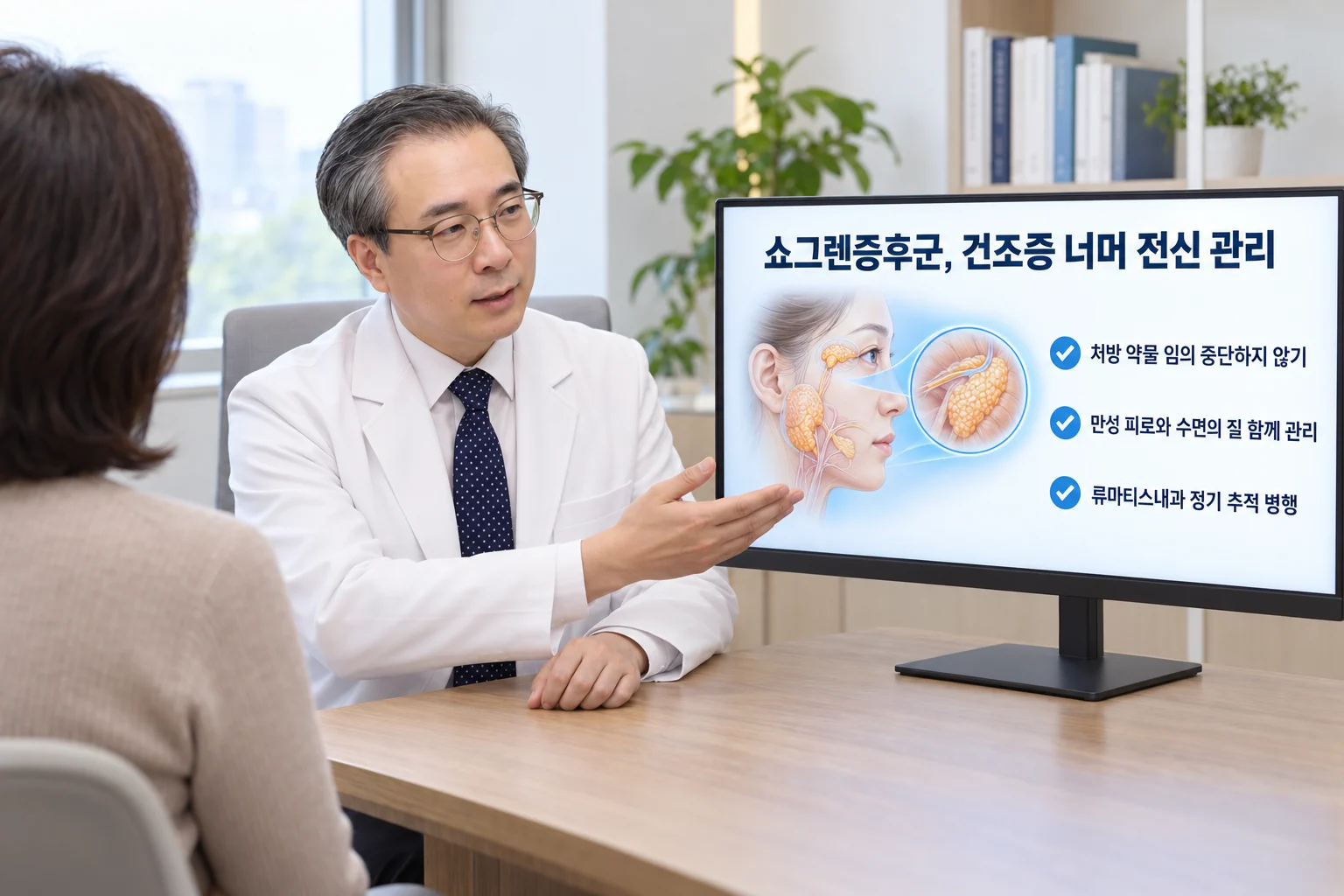 박석민 원장이 진료실 32인치 모니터의 쇼그렌증후군 전신 관리 슬라이드를 가리키며 처방 약물 유지와 피로·수면 보완 관리를 환자에게 설명하는 장면