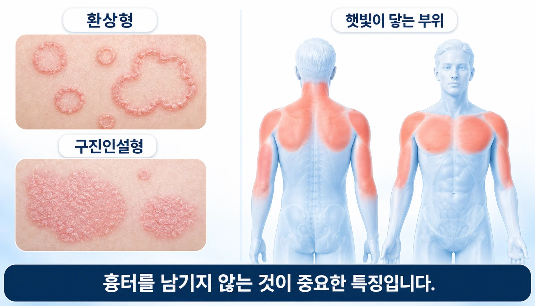 환상형과 구진인설형 두 가지 발진과 잘 생기는 부위를 그린 그림