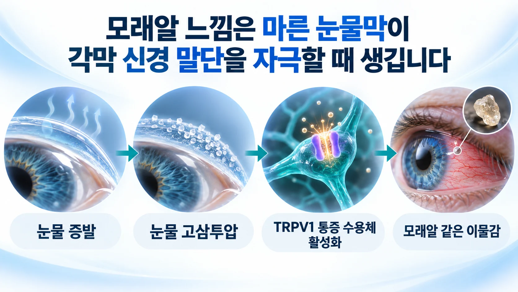 눈물 증발이 고삼투압을 만들고 TRPV1 통증 수용체를 활성화해 모래알 같은 이물감으로 이어지는 과정을 보여 주는 기전 그림