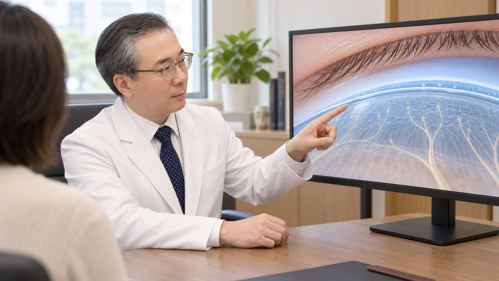박석민 원장이 진료실 모니터에 띄운 각막 단면 그림을 가리키며 환자에게 눈물막과 신경 말단의 위치를 설명하는 장면