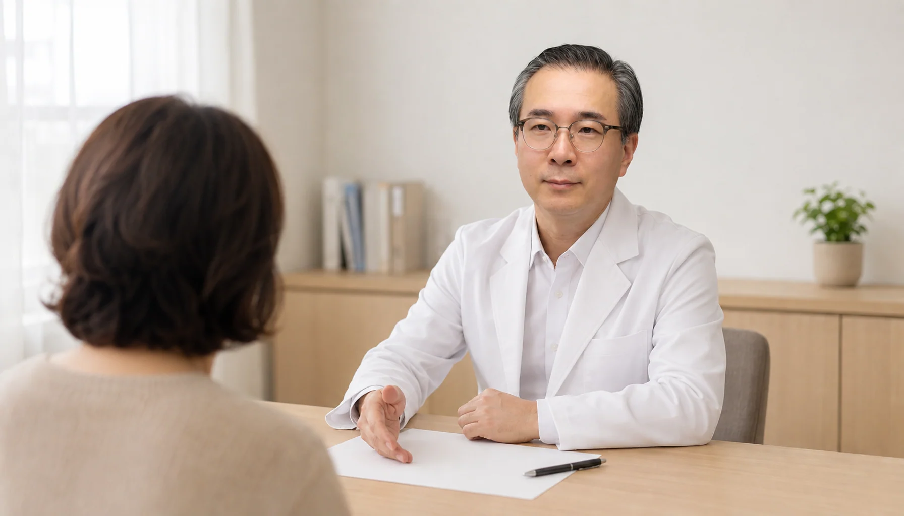 진료실에서 환자와 마주 앉아 검사 결과를 함께 보며 설명하는 모습