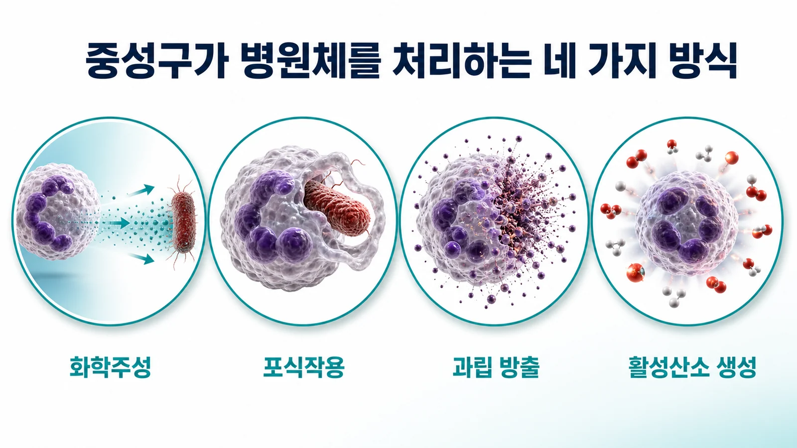 중성구가 병원체를 처리하는 네 가지 방식을 원형 배지 네 개로 나타낸 그림. 화학주성, 포식작용, 과립 방출, 활성산소 생성 순서로 배치되어 있다