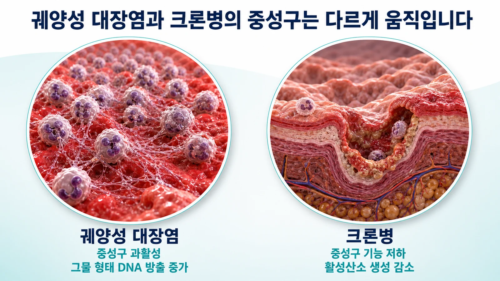 궤양성 대장염과 크론병의 중성구를 비교한 그림. 궤양성 대장염은 중성구 과활성과 그물 형태 DNA 방출 증가, 크론병은 중성구 기능 저하와 활성산소 생성 감소로 정리되어 있다