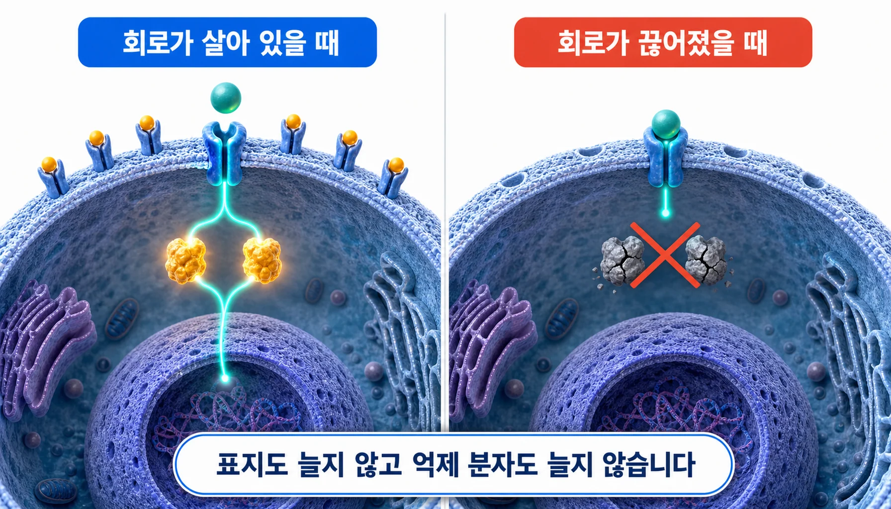 인터페론 감마 신호 회로가 끊어져 표지도 늘지 않고 증식도 억제되지 않는 상태를 그린 그림